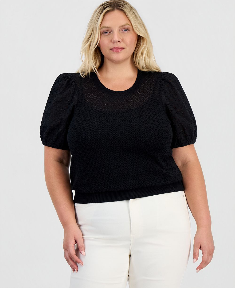 Style & Co Plus Size Mixed-Media Pointelle Short-Sleeve Sweater, Macy's Exclusive