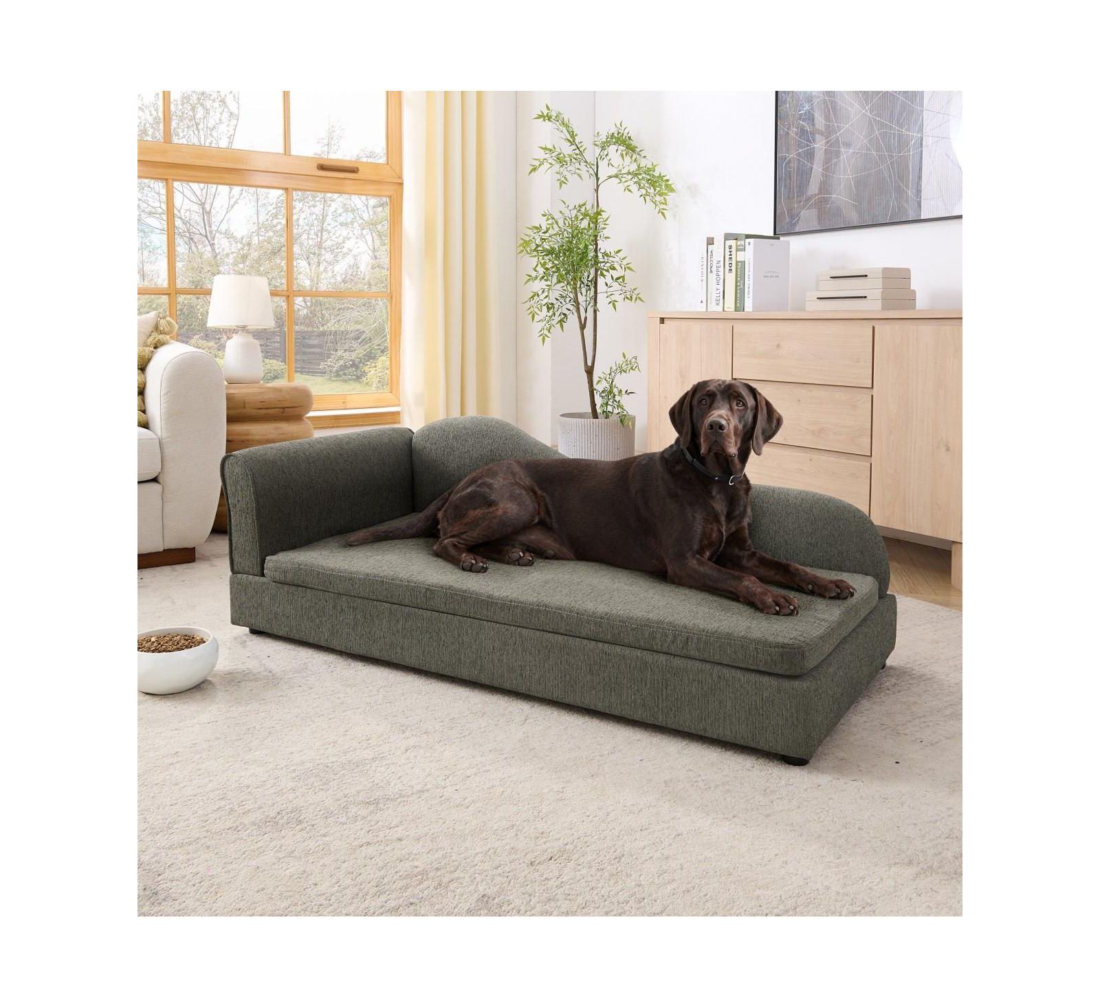 6thdruple Modern Oversized Linen Dog Sofa, Irregular Wave Backrest Single Armrest Pet Bed for Large Dogs