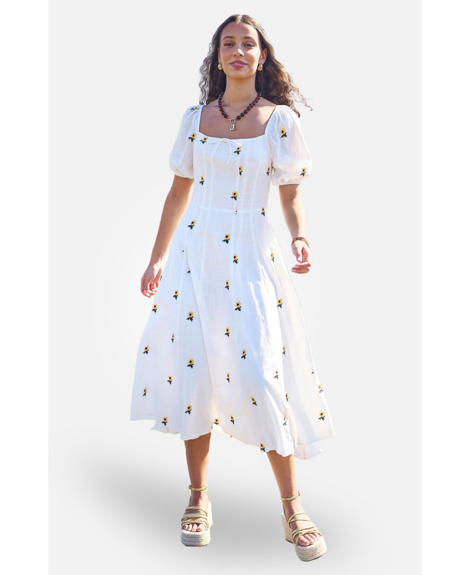 Yumi Women's Cotton Sunflower Embroidered Midi Dress