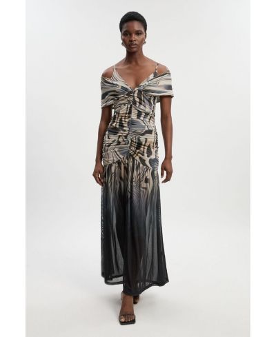 Karen Millen Women's Marble Print Mesh Plunge Maxi Dress