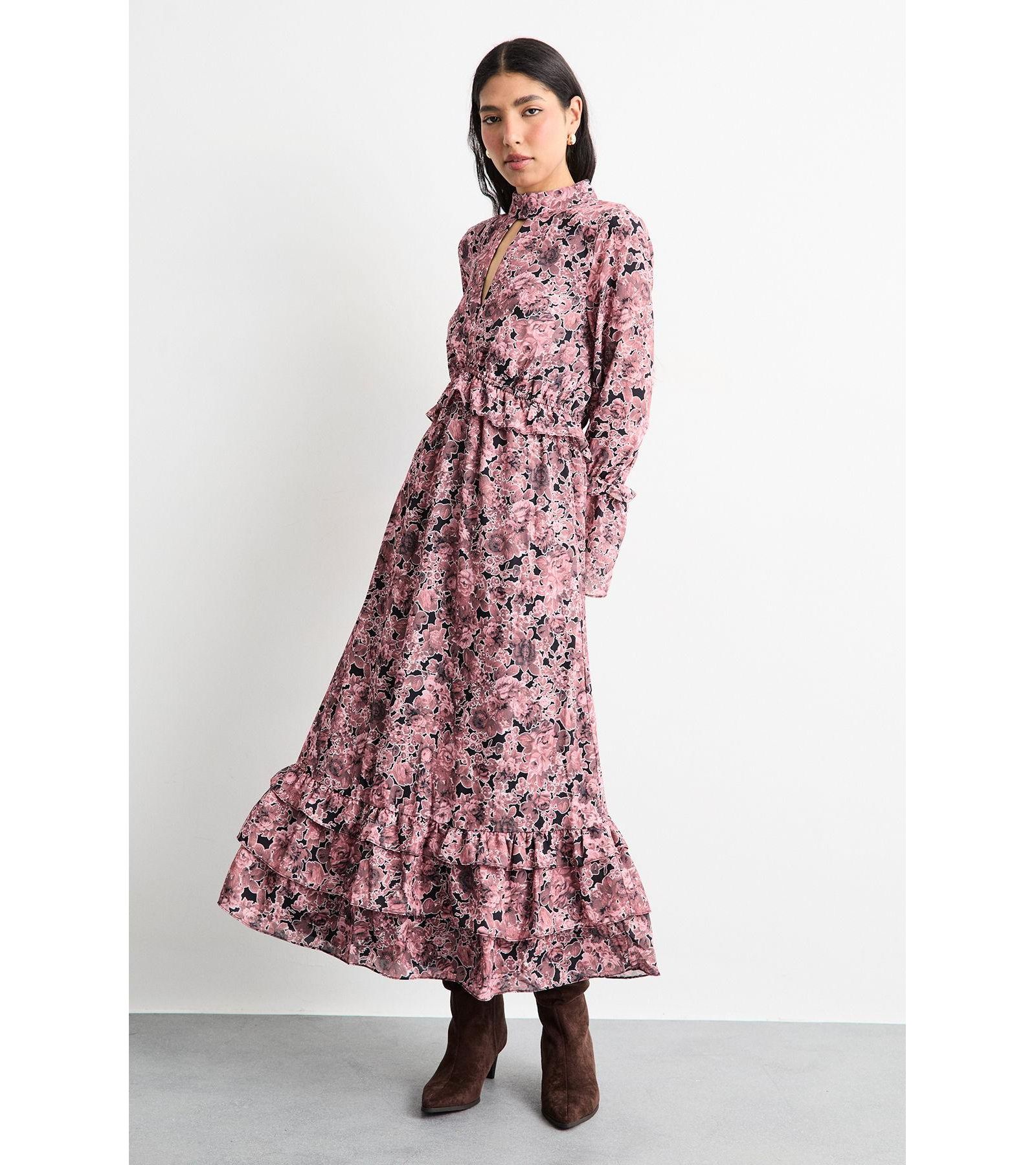 Warehouse Women's Chiffon Shirred High Neck Midi Dress