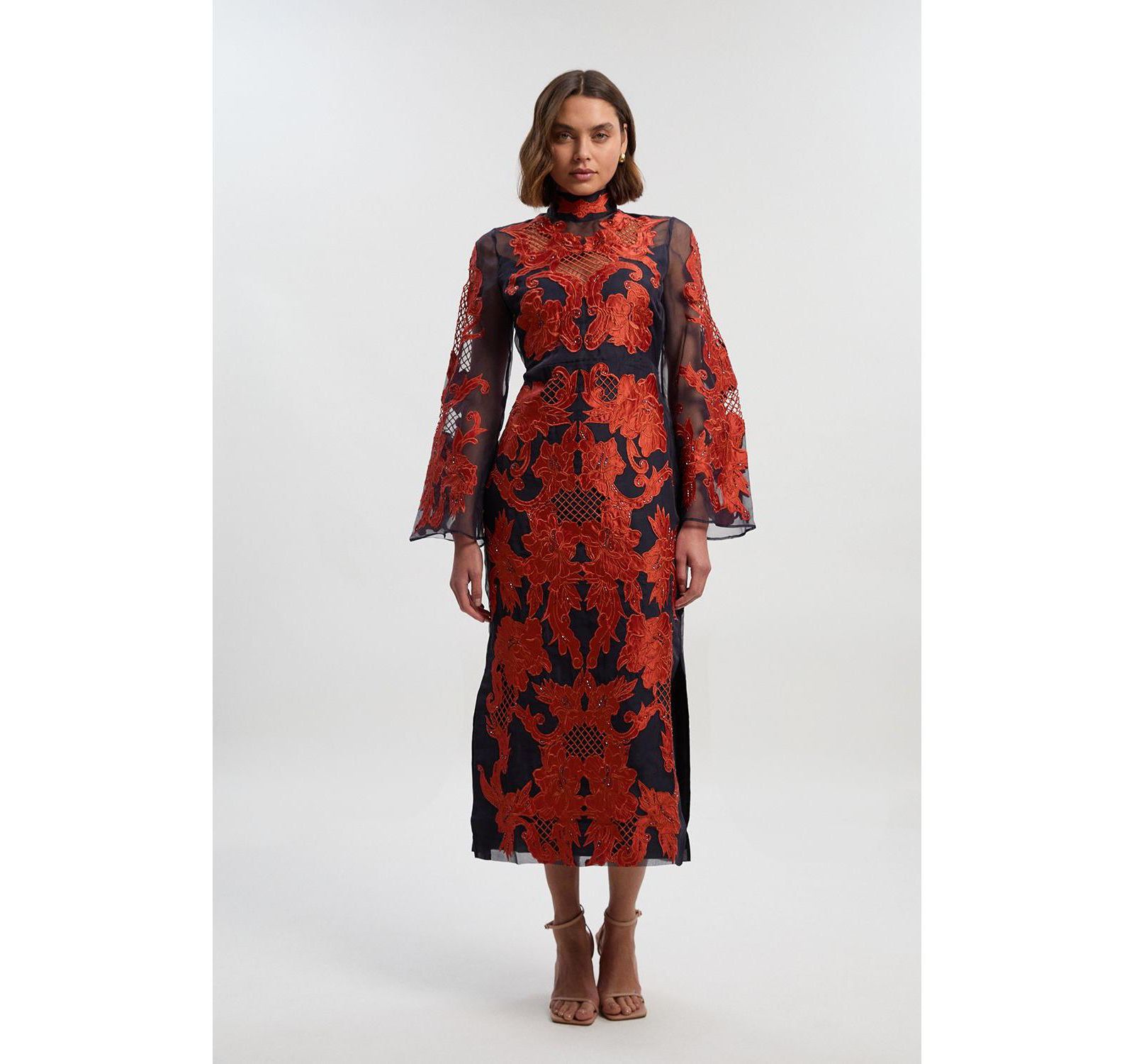 Karen Millen Женское миди-платье с высоким воротником и вышивкой
