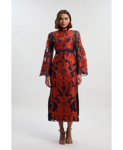 Karen Millen Women's High Neck Embroidered Midi Dress