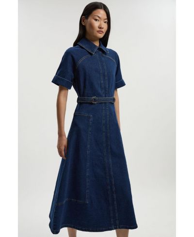 Karen Millen Women's Petite Stretch Denim Tab Belt Midi Dress