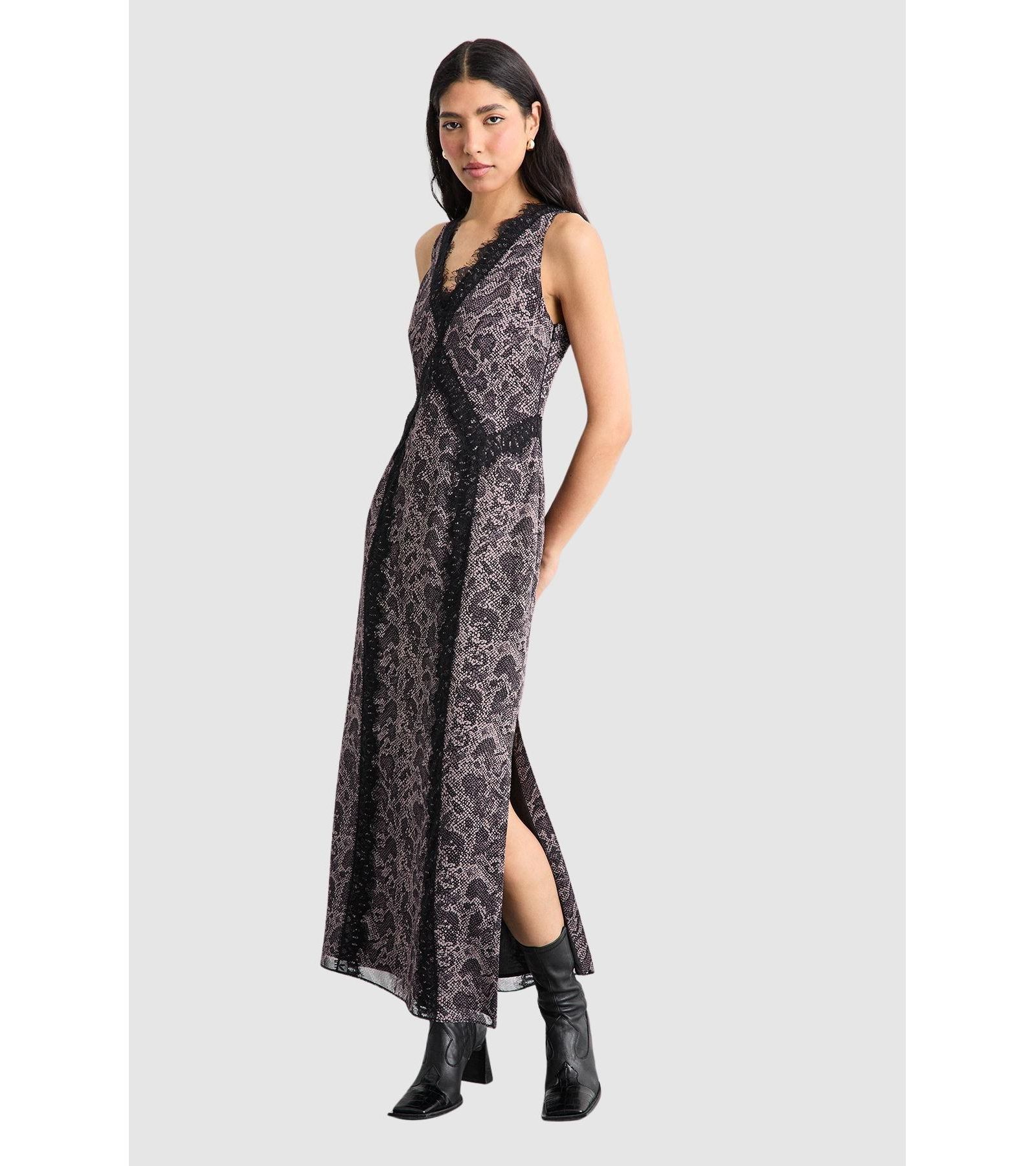 Warehouse Women's Chiffon Printed Lace Trim Dress