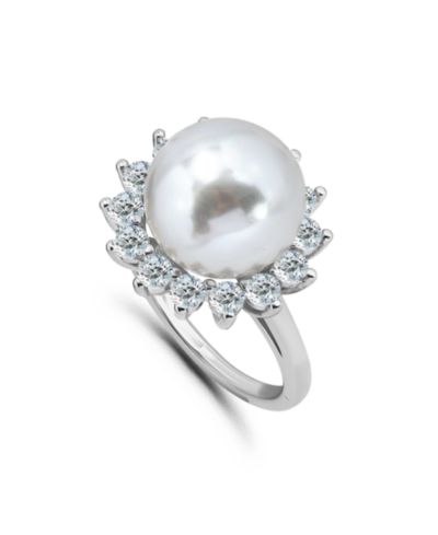 Кольцо с имитацией жемчуга и CZ Cubic Zirconia на полированной полосе