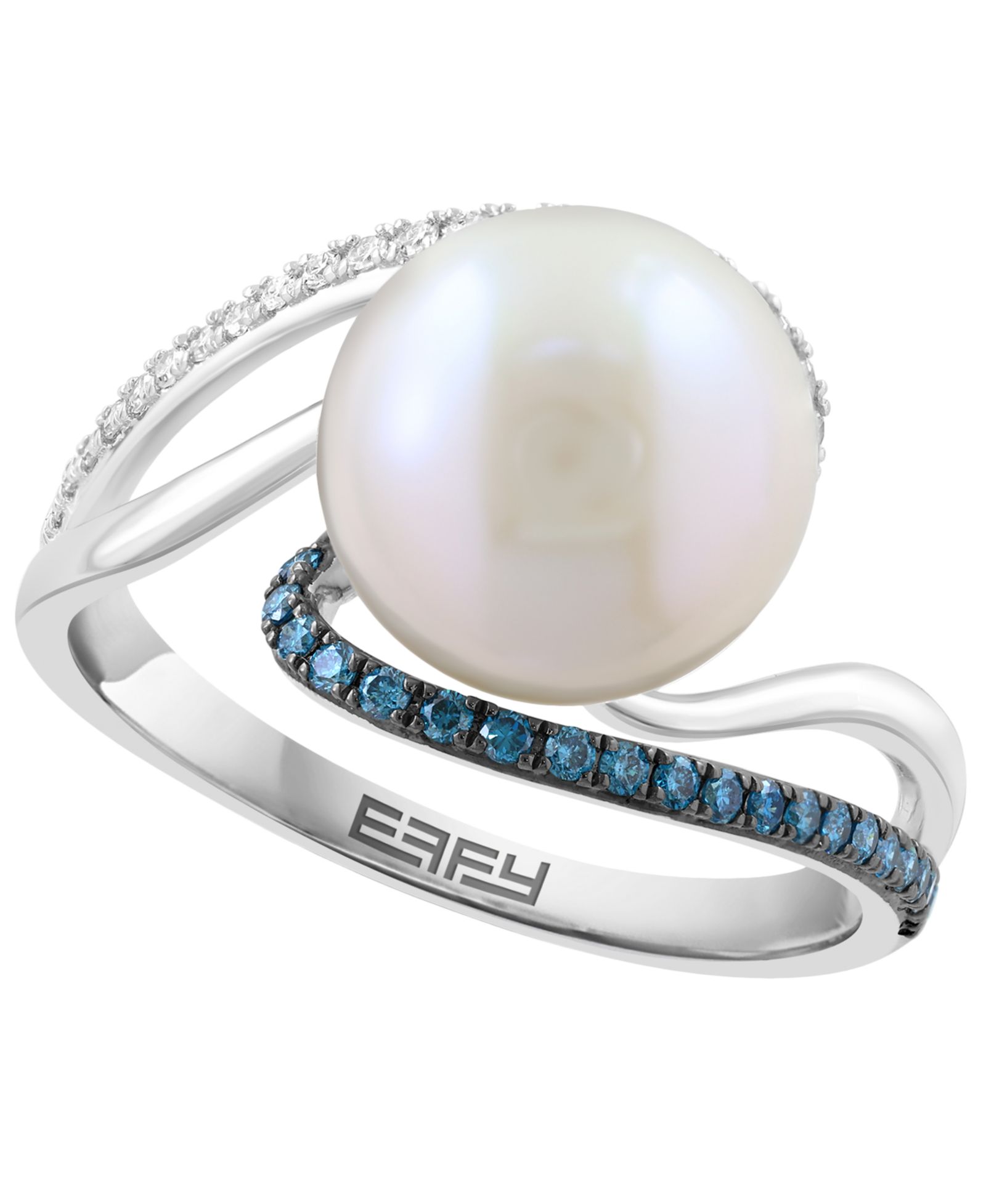 Кольцо EFFY Collection с пресноводным жемчугом (10mm), белым бриллиантом (1/10 ct. t.w.) и голубым бриллиантом (1/8 ct. t.w.) из белого золота 14k