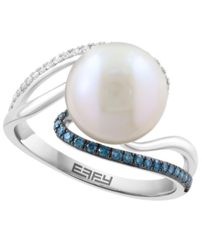 Кольцо EFFY Collection с пресноводным жемчугом (10mm), белым бриллиантом (1/10 ct. t.w.) и голубым бриллиантом (1/8 ct. t.w.) из белого золота 14k