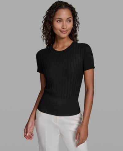 KARL LAGERFELD PARIS Women's Ribbed Short-Sleeve Crew Neck Sweater