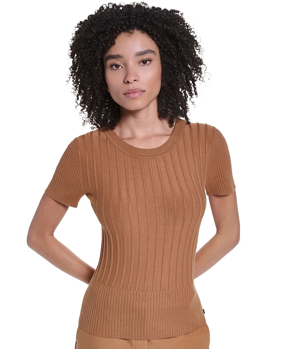 KARL LAGERFELD PARIS Women's Ribbed Short-Sleeve Crew Neck Sweater