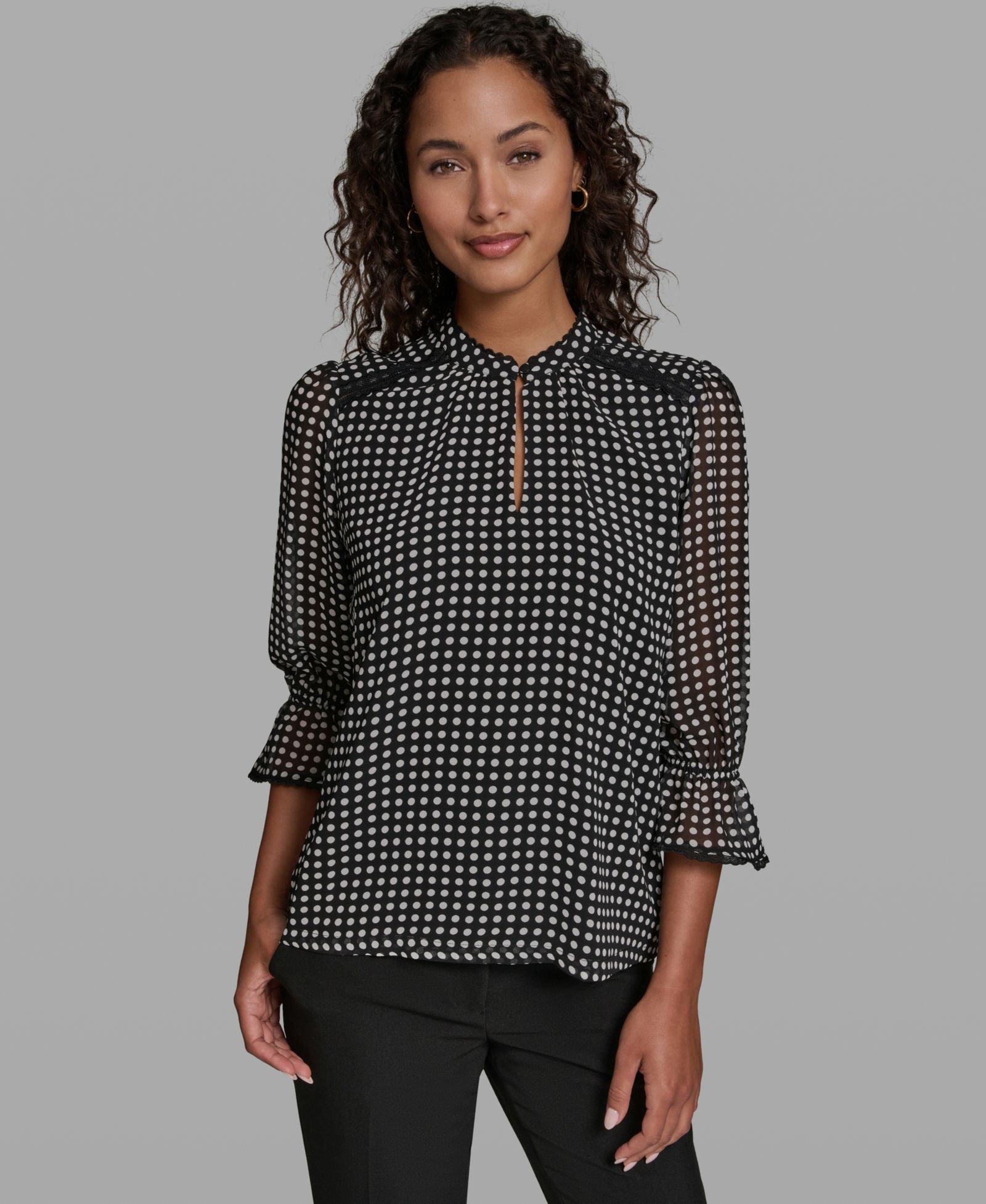 KARL LAGERFELD PARIS Women's Front Keyhole Polka Dot Woven Blouse