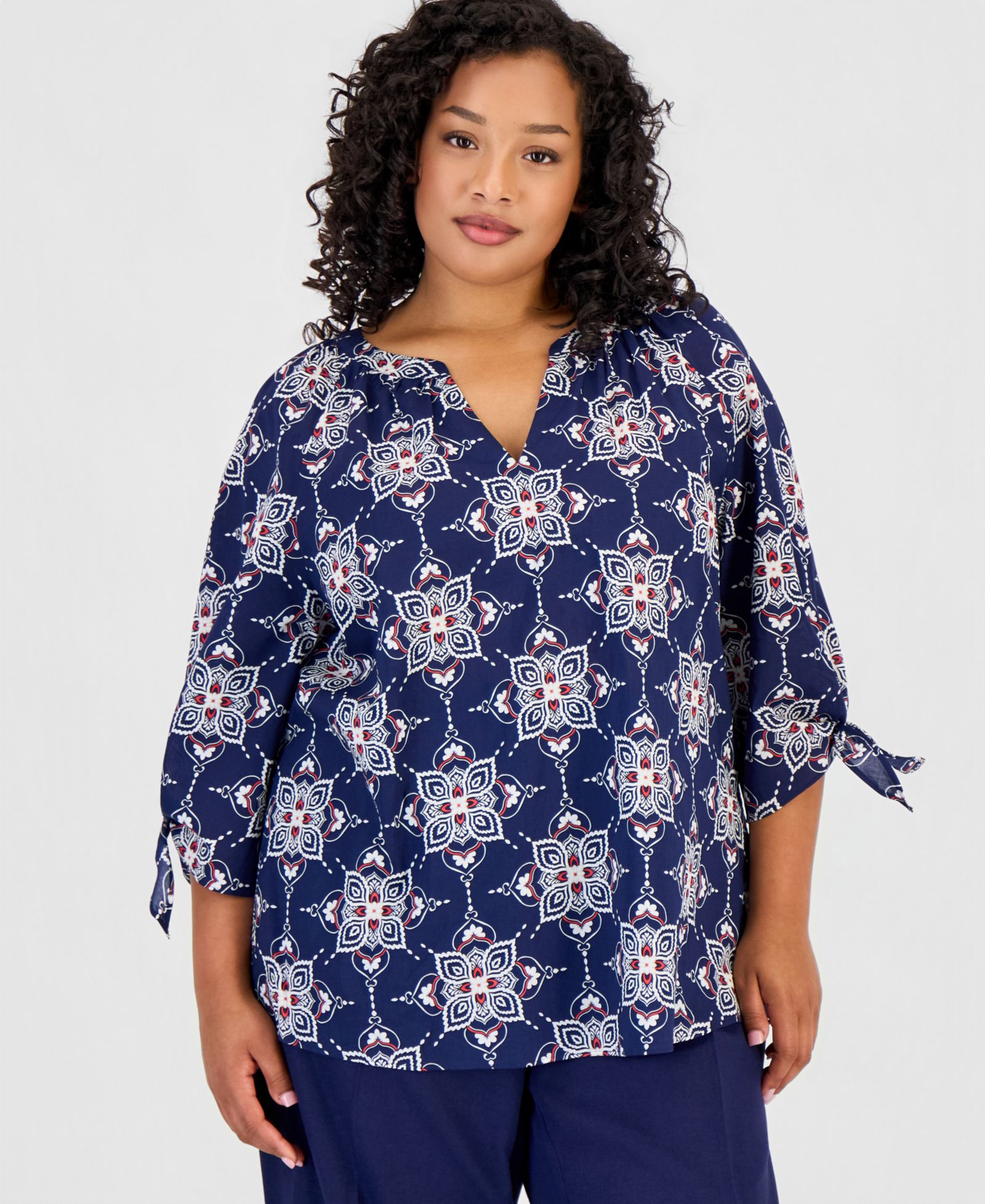 Jones New York Plus Size Cotton Tie-Cuff Top