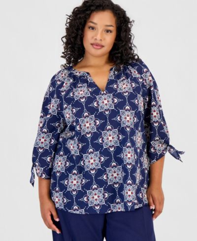 Jones New York Plus Size Cotton Tie-Cuff Top