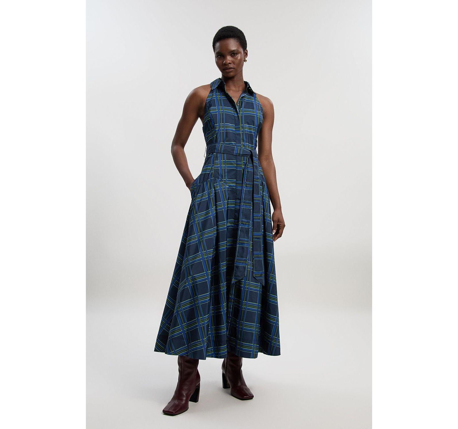 Karen Millen Женское платье макси-рубашка в клетку из тафты с поясом
