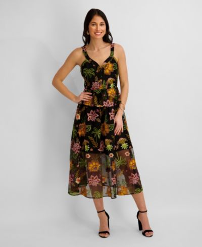 Kensie Women's Embroidered Mesh V-Neck Midi Dress