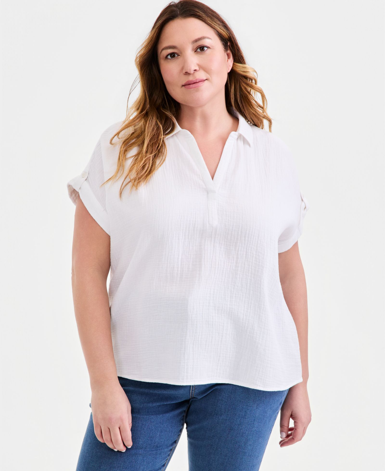 Style & Co Plus Size Cotton Gauze Collared Popover Top, Macy's Exclusive