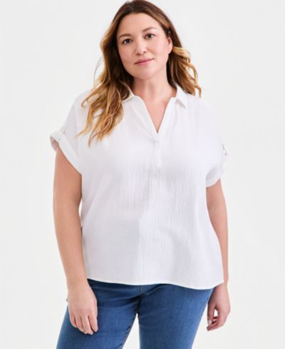 Style & Co Plus Size Cotton Gauze Collared Popover Top, Macy's Exclusive
