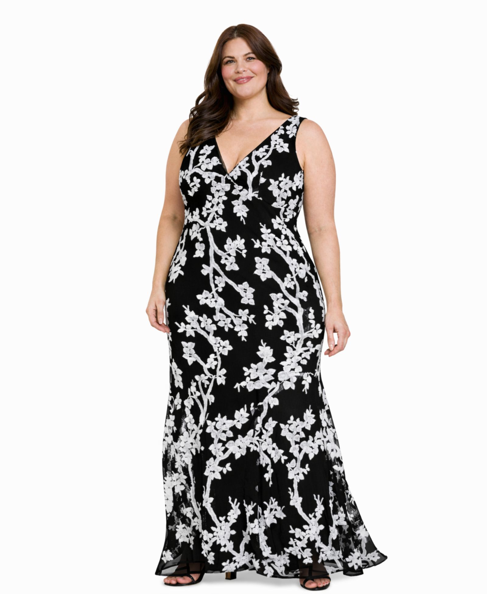 R & M Richards Plus Size Floral Sequin V-Neck Long Gown