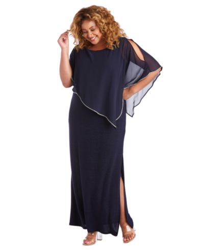 R & M Richards Plus Size Metallic Stripe Rhinestone Trim Poncho Dress