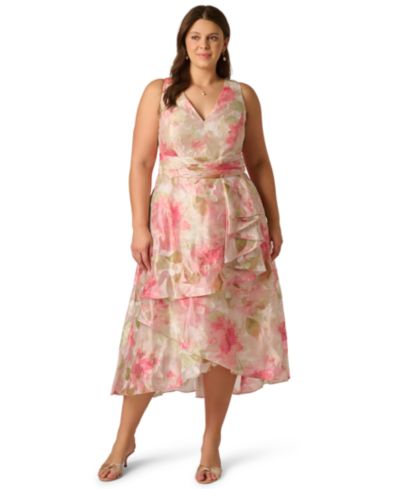 Adrianna Papell Plus Size Cascade Organza V-Neck Midi Dress