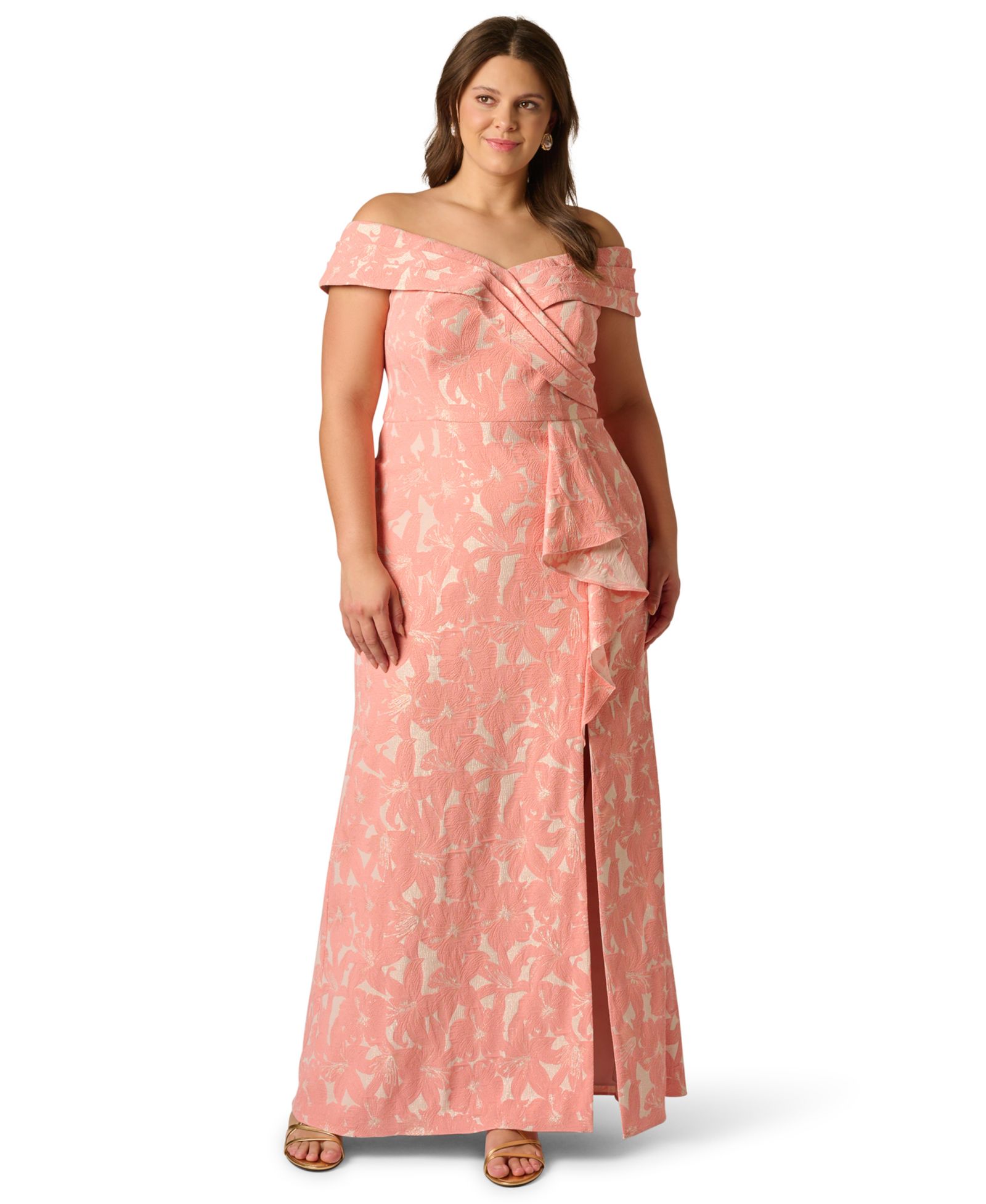 Adrianna Papell Plus Size Off-The-Shoulder Floral Jacquard Gown