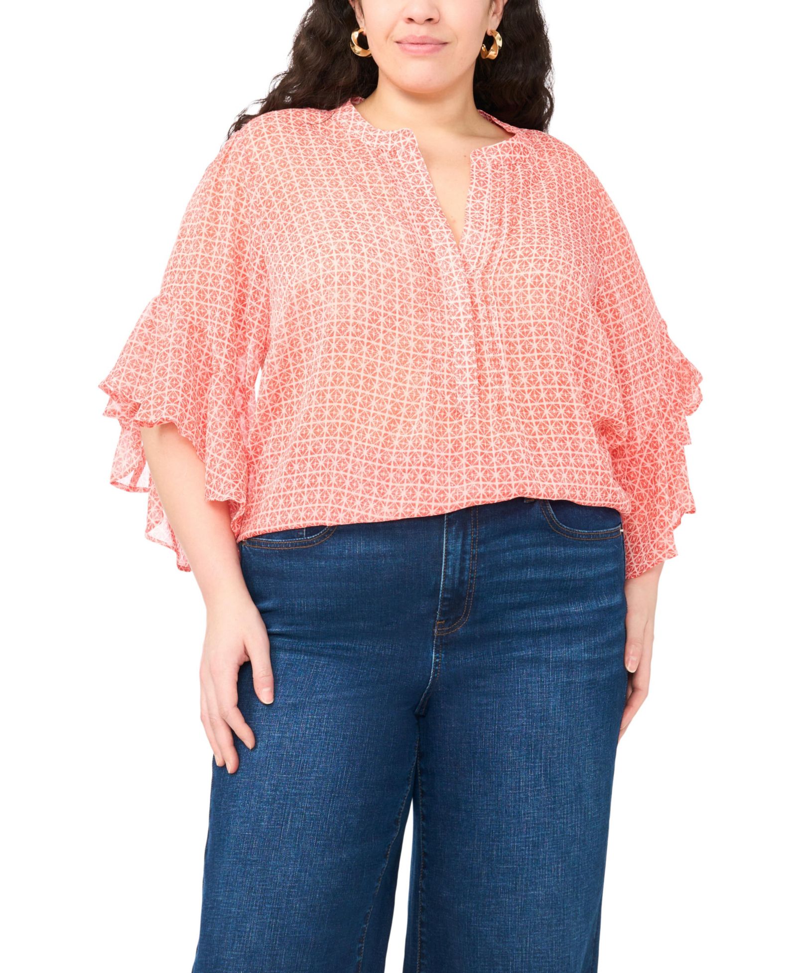 Vince Camuto Plus Size Pin Tuck Flutter-Sleeve Henley Blouse