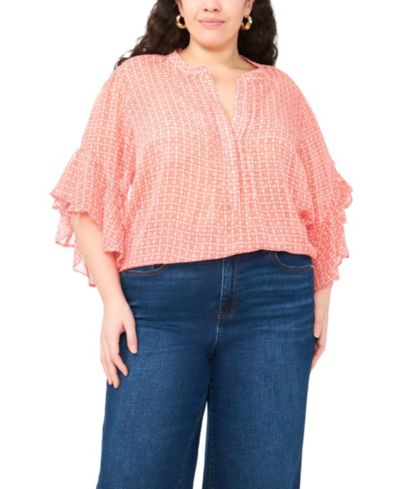 Vince Camuto Plus Size Pin Tuck Flutter-Sleeve Henley Blouse