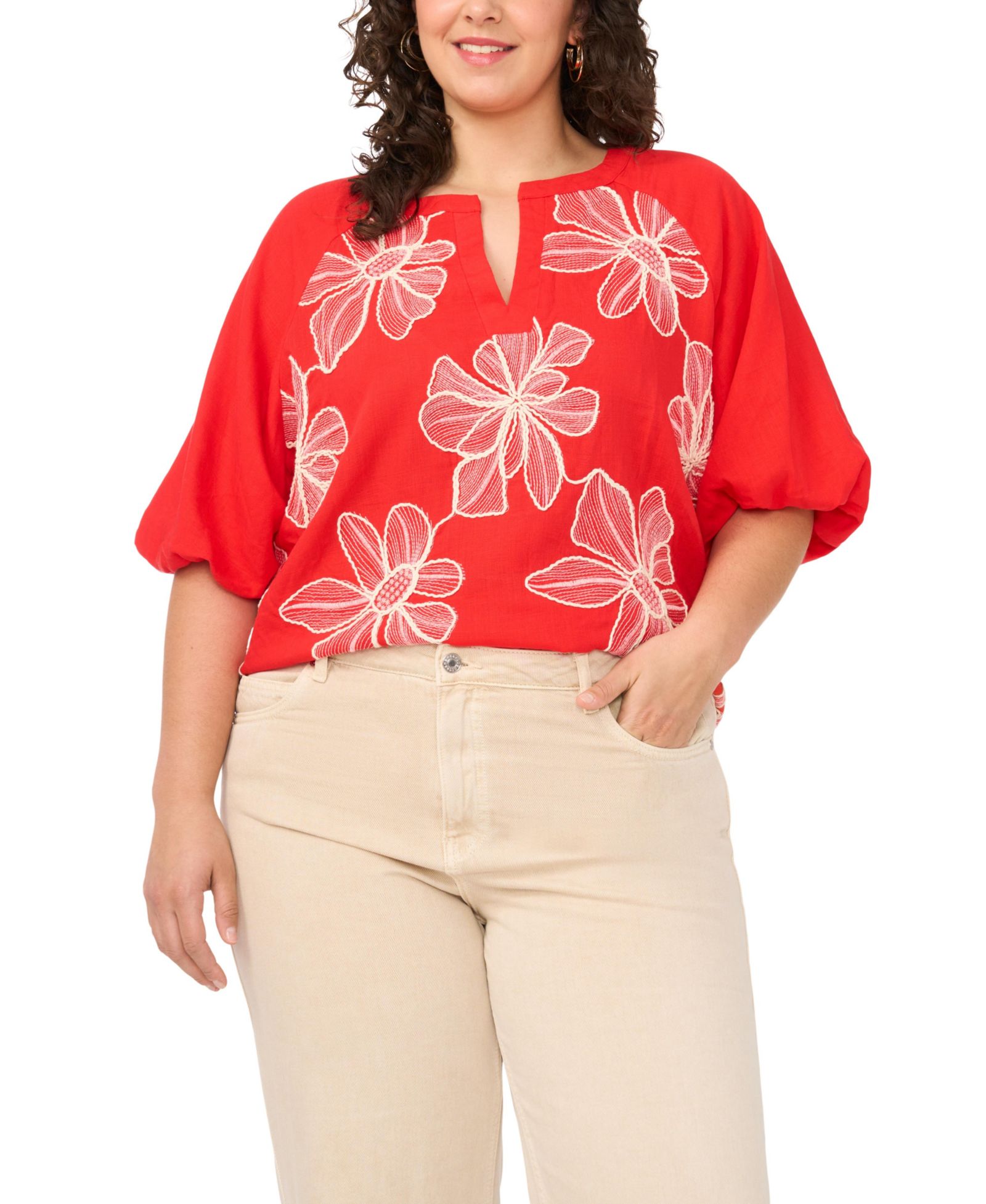 Vince Camuto Plus Size Split Neck Bubble-Sleeve Blouse