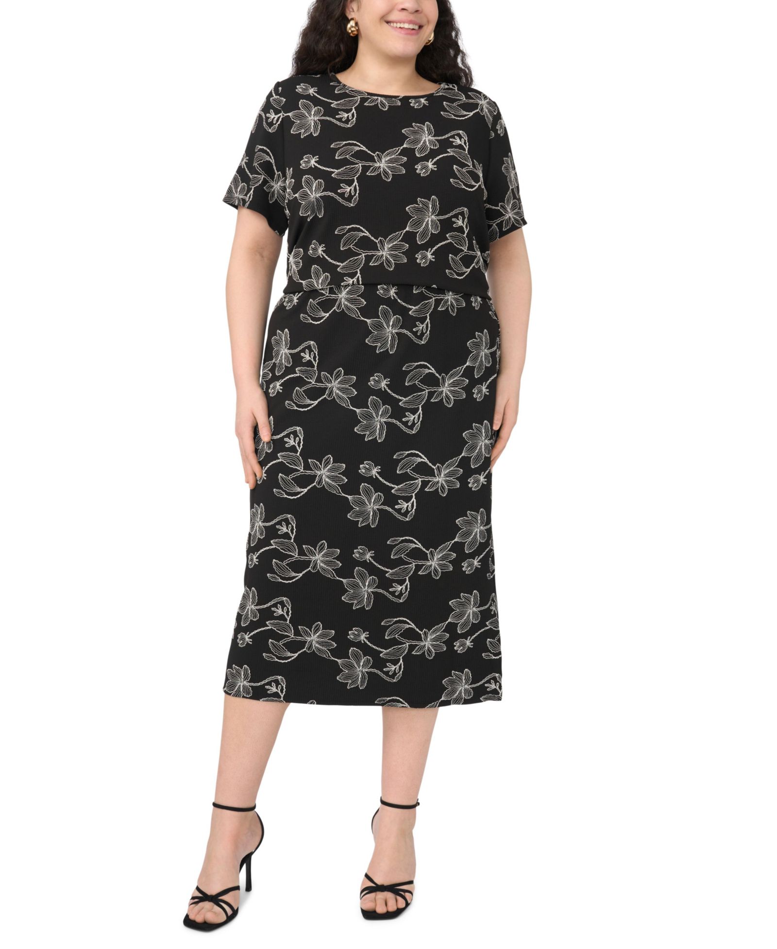 Vince Camuto Plus Size Floral Embroidered Pull-On Midi Skirt