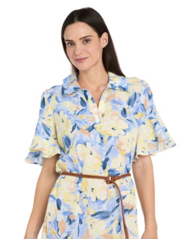 R & M Richards Petite Belted Collared Midi Dress