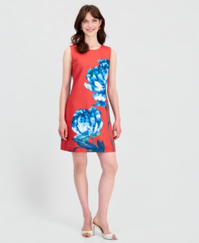 Tahari ASL Petite Big Flower Print Round Neck Sheath Dress