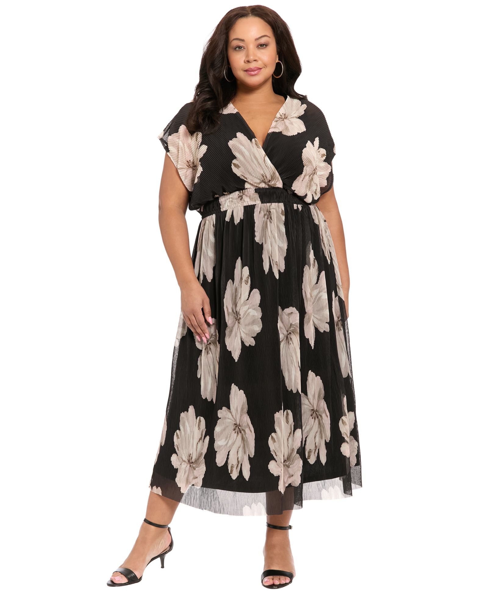 London Times Plus Size Short-Sleeve V-Neck Pleated Maxi Dress