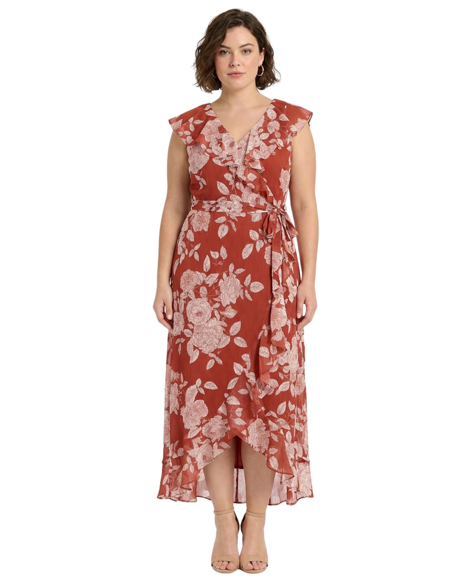 London Times Plus Size Printed Wrap V-Neck Dress