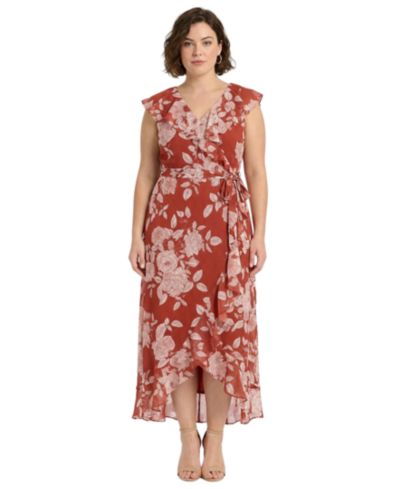 London Times Plus Size Printed Wrap V-Neck Dress