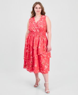 Anne Klein Plus Size Smocked-Waist Tiered Midi Dress