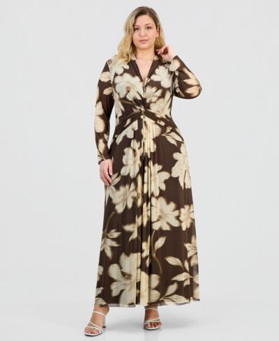 Anne Klein Plus Size Платье Maxi с принтом клетка и длинным рукавом