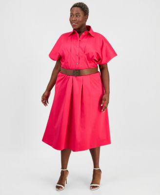 Anne Klein Plus Size Belted Pleated Midi Shirtdress