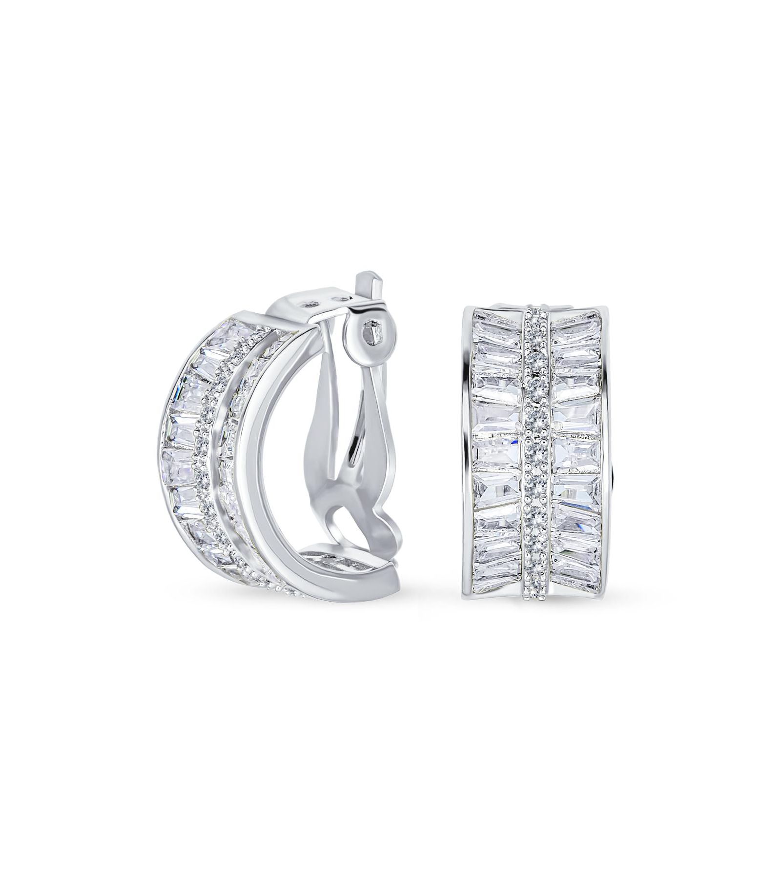 Серьги Bling Jewelry Art Deco CZ Cubic Zirconia Half Hoop Baguette Clip On с напылением