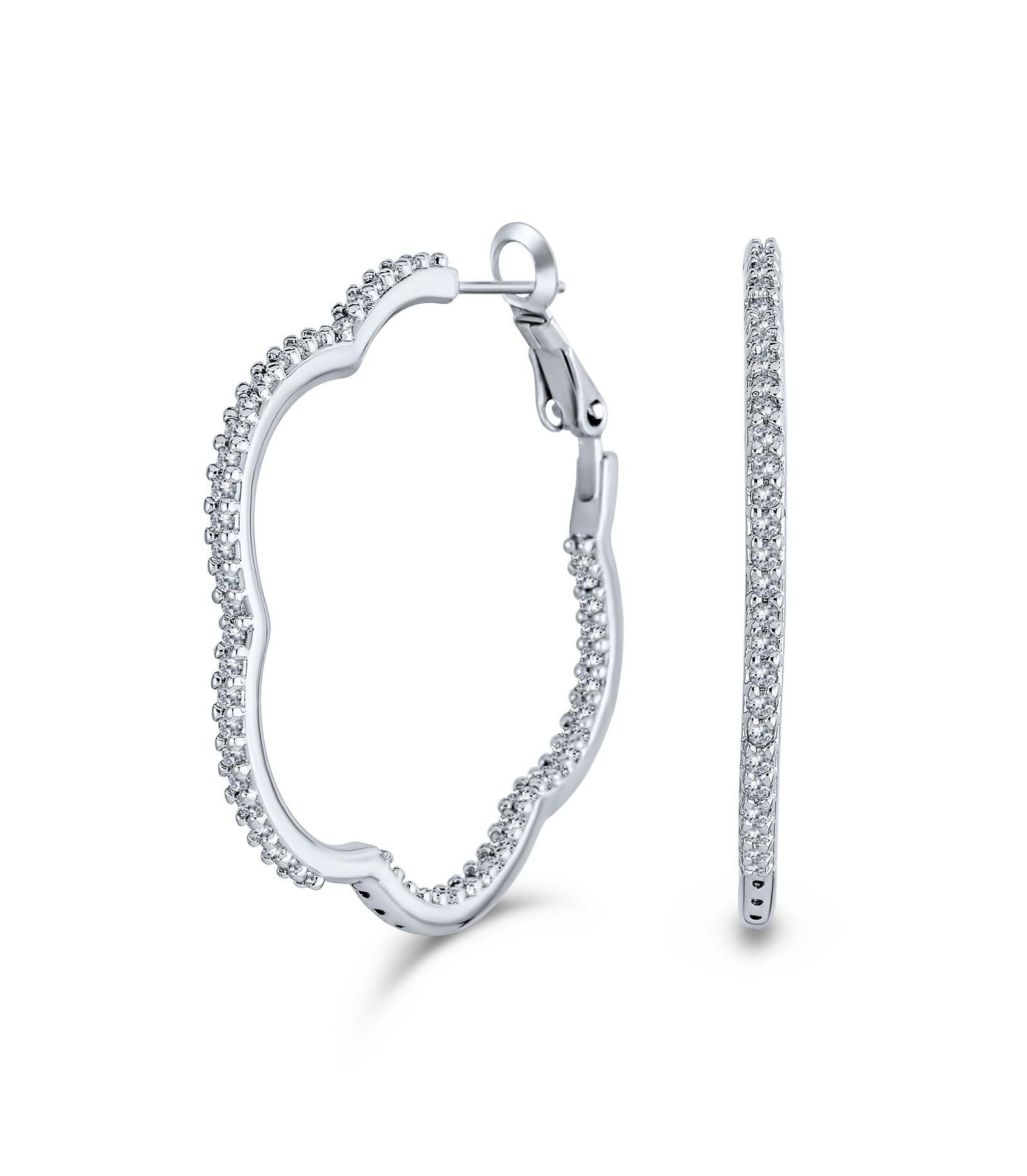 Серьги-кольца Bling Jewelry Flower Shaped, с камнями CZ, серебреное покрытие, 1.5 Inch