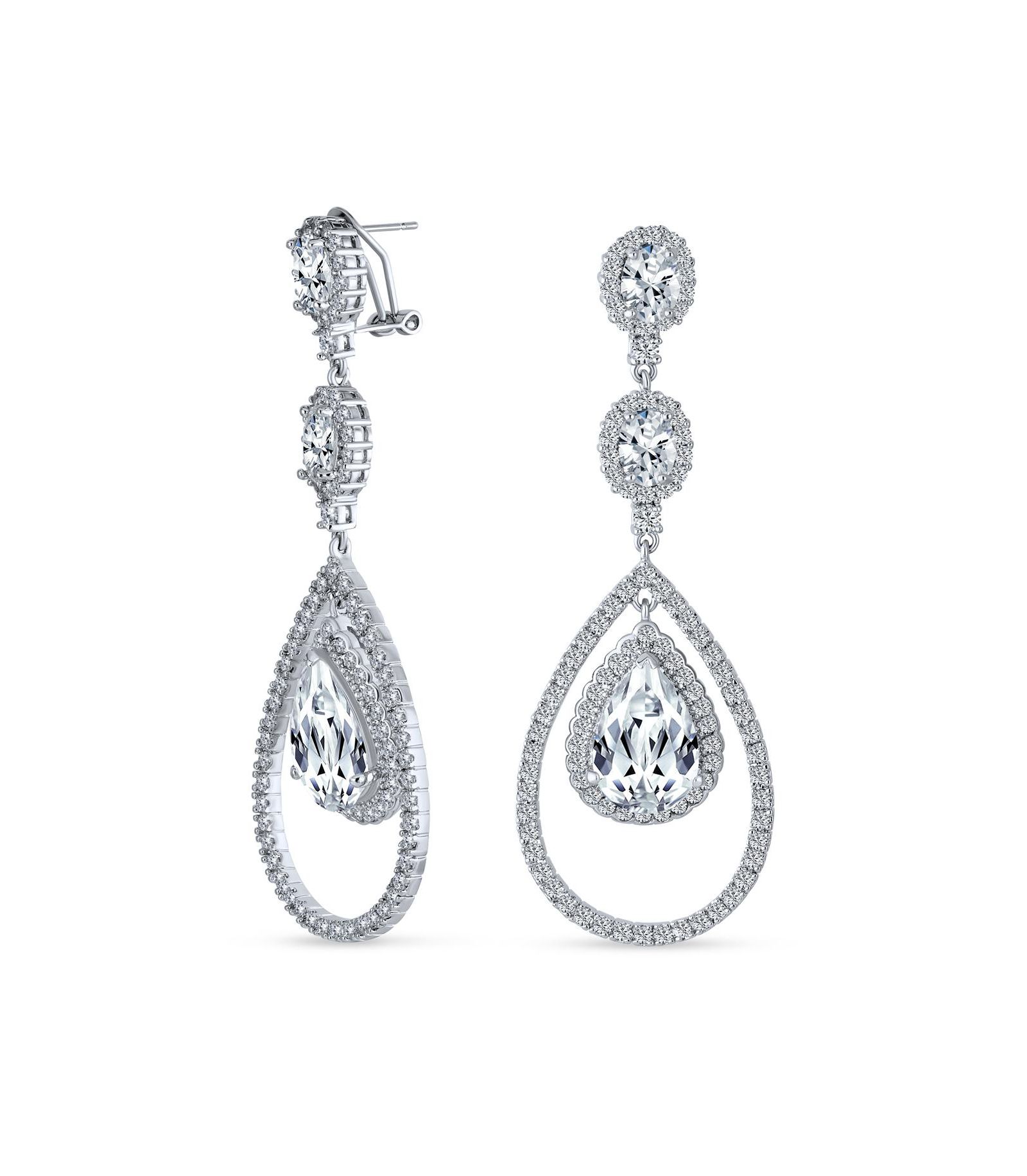 Bling Jewelry Cocktail Cubic Zirconia Double Halo Large Emerald Green Teardrop CZ Chandelier Earrings