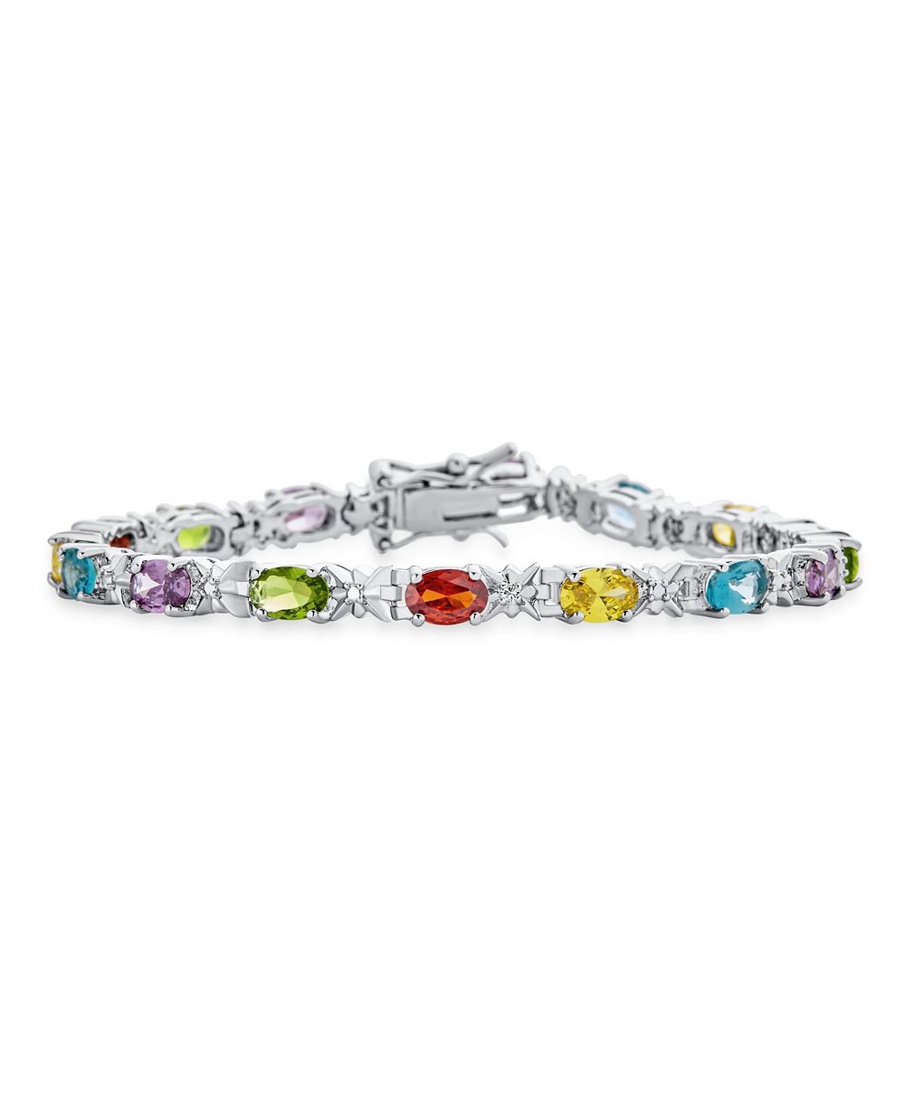 Bling Jewelry 12 CTW Cubic Zirconia Oval CZ Colorful Multi Color Tennis Bracelet 7-7.5 Inch Silver Plated
