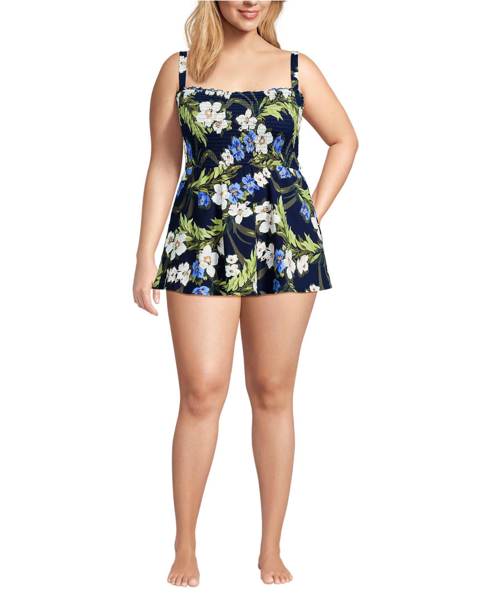 Lands' End Plus Size Square Neck Smocked Mini Swim Dress