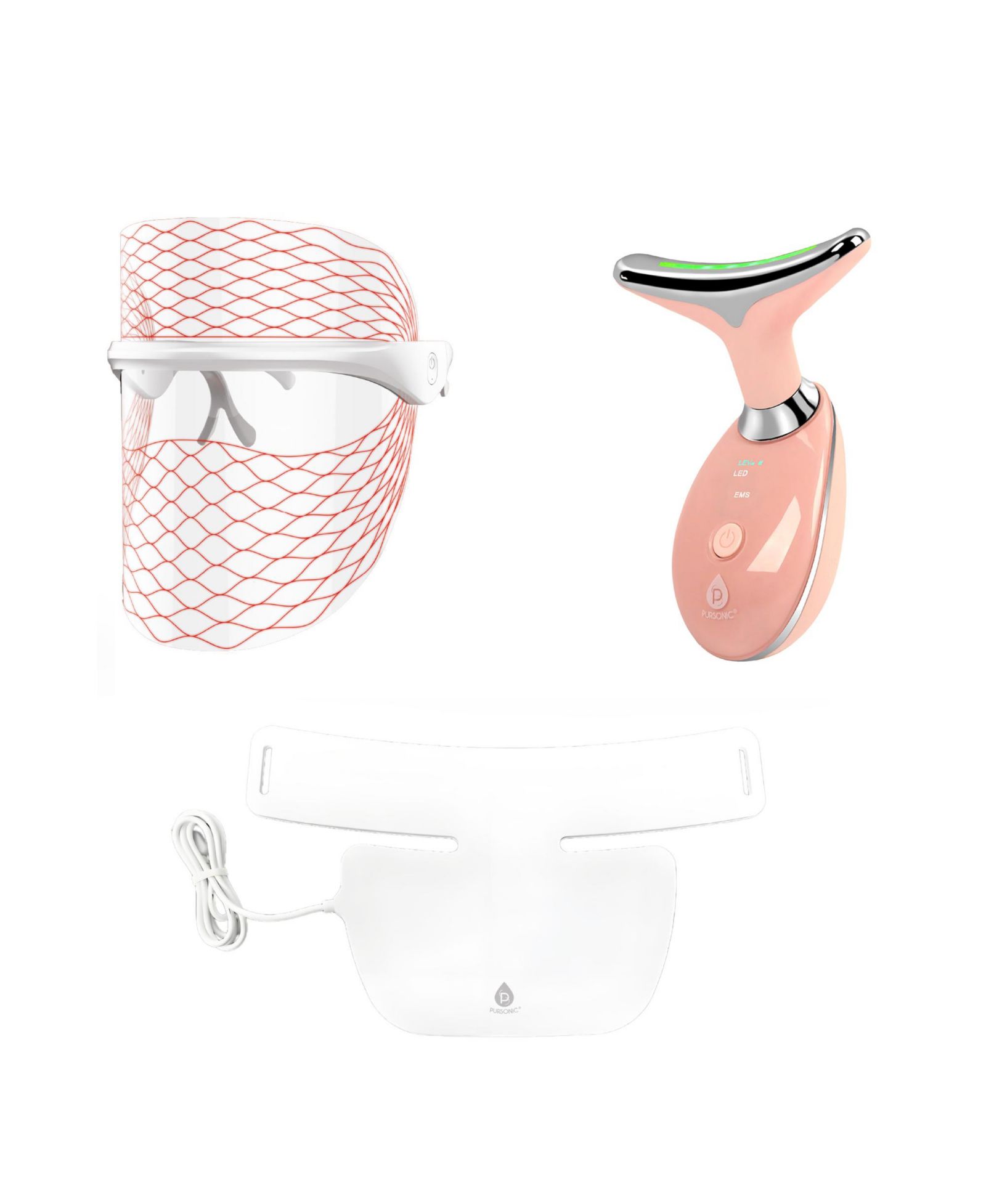 PURSONIC 7-in-1 LED Light Therapy Face Mask, Sculpting Wand, and Neckplate
