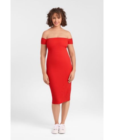S3 Apparel Women's Off the Shoulder Straight Neck Ribbed Sculpting Midi Dress