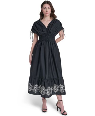 Vince Camuto Women's V-Neck Embroidered Hem Midi Dress