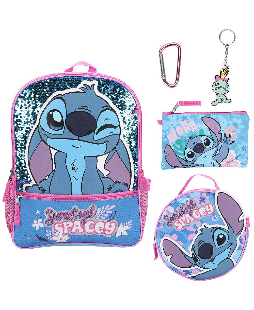 Stitch Boys' and Girls' Backpack, Lunch Bag, Pencil Case, Key Chain and Caraniber, 5-Piece Set