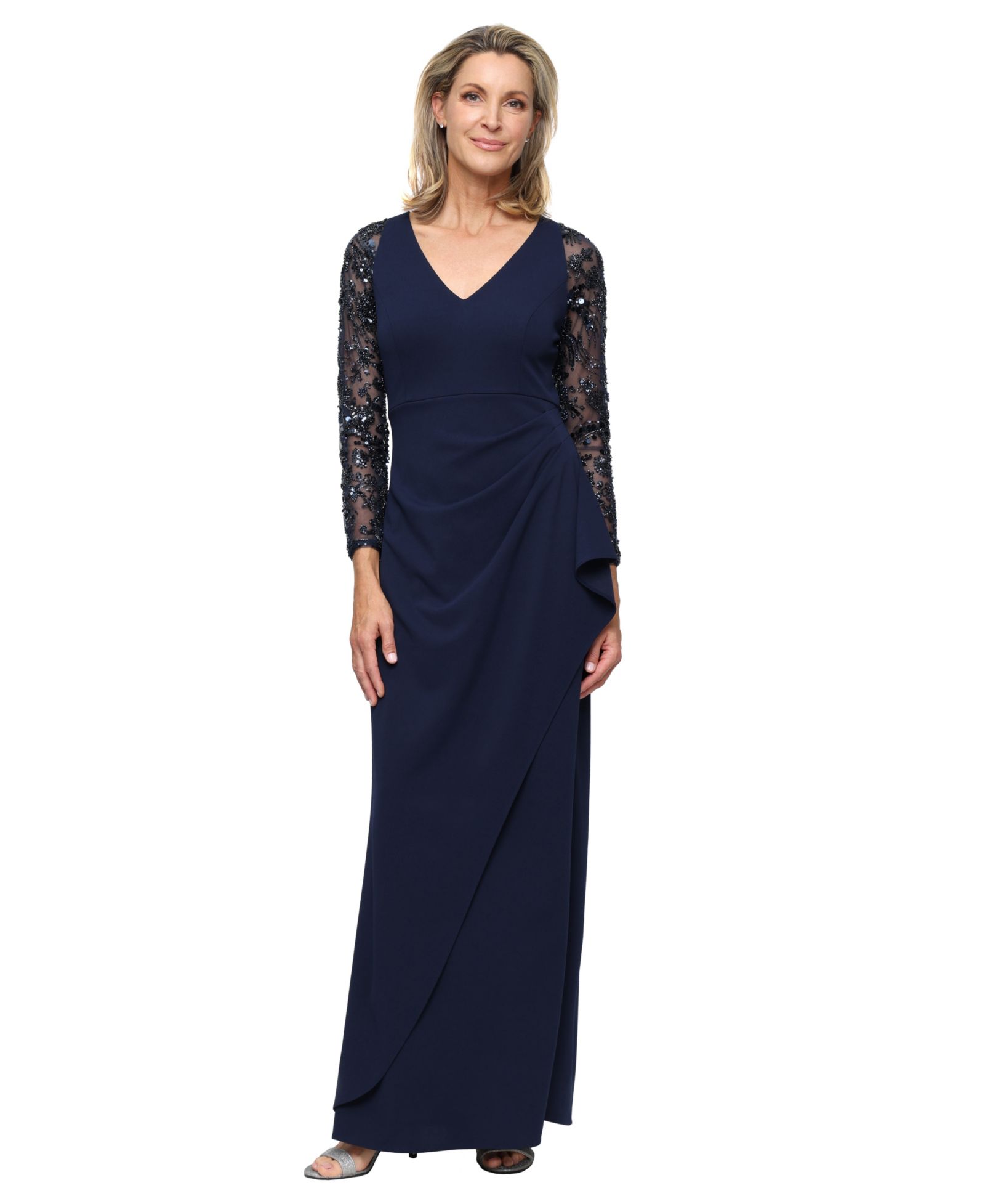 Платье SL Fashions Women's Long Stretch Crepe V-Neck с отделкой бисером