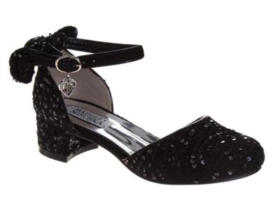 Badgley Mischka Big Girls Velvet and Sequin Dress Heels with Bow, Ankle Strap, Block Heel (Little Kid-Big Kid)