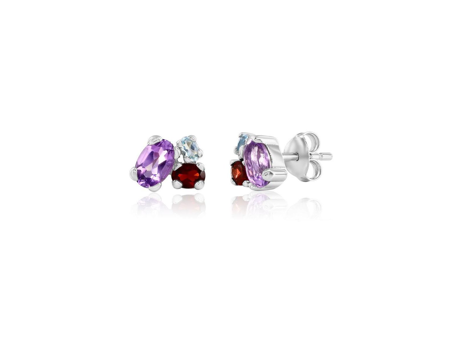 Simona Sterling Silver, Multi-Oval Gem Studs - Amethyst, Garnet