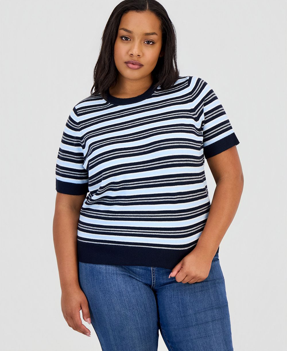 On 34th Trendy Plus Size Mallory Striped Sweater-Knit T-Shirt, Macy's Exclusive